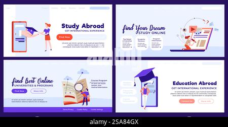 Web banner design set for online education promo. Flat tiny man woman character study abroad, vector illustration. Landing page collection with mobile, laptop online lessons. Web banner design set for online education promo Stock Vector