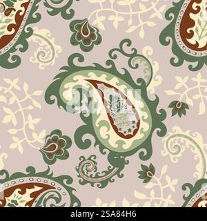 Paisley ornament with leaves and flowers in blossom. Blooming floral motif for fabric texture or home decor items or interior. Seamless pattern, wallpaper or background print. Vector in flat style. Blooming floral paisley ornament, seamless pattern Stock Vector