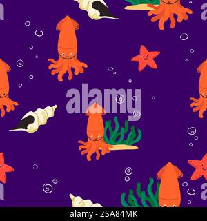 A seamless pattern of orange squids and starfish on a purple background, ideal for children&rsquo;s merchandise and apparel.. Squid and Starfish Undersea Pattern Stock Vector