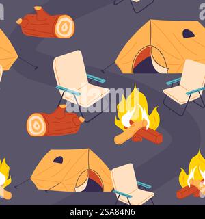 Tourist tent and bonfire, camping tent of traveler. Log and fire for warmth and cooking outdoors, active summer activities. Seamless pattern, background print or wallpaper. Vector in flat style. Camping tent, bonfire and chair seamless pattern Stock Vector