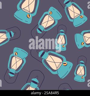 Retro old fashioned lanterns give light. Illuminating gadget with handle, portable object with burning flame. Seamless pattern, background print or wallpaper. Vector in flat style illustration. Old retro lanterns with oil hand handle, print Stock Vector