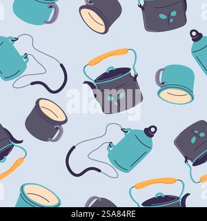 Appliances and objects for camping and cooking outside while hiking. Kettle with handle, cup for water and flask for liquid. Seamless pattern, background print or wallpaper. Vector in flat style. Cooking appliances for camping and hiking trip Stock Vector