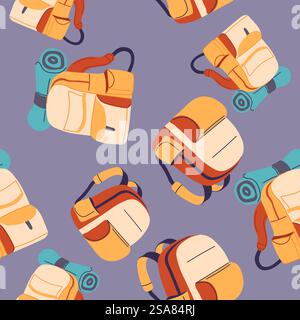 Trip and traveling with backpack, camping personal belongings. Sleeping bag or mattress, bag with clothes for route hiking. Seamless pattern, background print or wallpaper. Vector in flat style. Camping and going on trip with backpack print Stock Vector