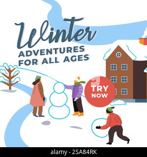 Winter adventures for all ages, try now. Family building snowman outdoors, mom and dad with kid playing, spending time together. Promotional banner, advertisement poster. Vector in flat style. Seasonal winter adventures, try building snowman Stock Vector