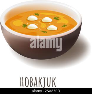 Traditional Korean dish made from sweet pumpkin and glutinous rice, hobakjuk. Isolated plate with smooth gourd porridge with chewy paddy cake balls decorated with herbs. Vector in flat style. Hobakjuk, Korean pumpkin porridge with rice balls Stock Vector