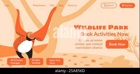 Book activities for wildlife park, zoo with animals in natural habitats. Packages and flexible hours, safari tours for tourists. Website landing page, internet site template. Vector in flat style. Wildlife park, book activities now online web Stock Vector