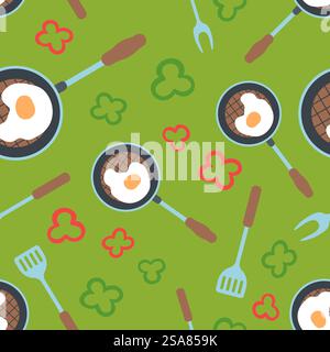 Food and meal, natural and organic ingredients, dieting nutrition. Frying pan with eggs, slices of pepper, spatula and BBQ fork. Seamless pattern, wallpaper print or background. Vector in flat style. Frying pan with eggs, spatula and bbq fork print Stock Vector