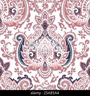 Paisley with leaves and blooming flowers. Flora adornment, flourishing of plants and wildflowers motif for home decor items. Seamless pattern, wallpaper or background print. Vector in flat style. Blooming flowers and leaves, paisley design vector Stock Vector