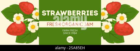 Organic and farm fresh strawberries jam. Sweet and tangy spread made from fruit and sugar. Breakfast treat or snack. Product label or logotype, sticker or emblem for package. Vector in flat style. Farm fresh organic strawberries jam, product logo Stock Vector