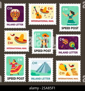 Postage stamp set with mexico culture elements. Cartoon man woman character in traditional mexican clothes at post mark, vector illustration. Mexican architecture, music and food. Postage stamp set with mexico culture elements Stock Vector