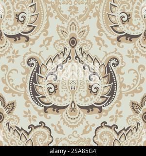 Paisley with leaves and blooming flowers. Flora adornment, flourishing of plants and wildflowers motif for home decor items. Seamless pattern, wallpaper print or background. Vector in flat style. Blooming flowers and leaves, paisley design print Stock Vector