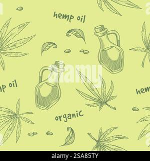 Natural organic ingredient for cooking, hemp oil in bottle. Plants with seeds and lush foliage. Source of vitamins and minerals. Seamless pattern, wallpaper print or background. Vector in flat style. Hemp oil, organic and natural product ingredient Stock Vector