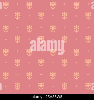 Pixel flowers and leaves, floral composition design. Botany motif, embroidery scheme for crafts and needlework. Seamless pattern, pixelated wallpaper or print background. Vector in flat style. Flower composition, pixelated flora design art Stock Vector