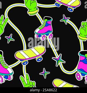 Skateboard and rollers shoes for skating, sparkling star decoration and thread uniting objects. Modern bright composition. Seamless pattern, wallpaper print or background. Vector in flat style. Youth skateboard and rollers shoes pattern print Stock Vector