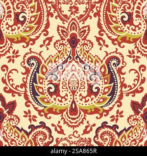 Symmetrical ornament stylized with leaves, branches and blooms. Damask motif for making carpets and wall and floor tiles. Seamless pattern, wallpaper or print background. Vector in flat style. Damask ornament with leaves, branches and blooms Stock Vector