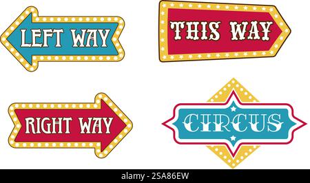 Collection of circus-themed arrow signs in a retro style, isolated on white. Bright and colorful, suitable for event directions or decoration.. Retro Circus Arrow Signs Collection Stock Vector