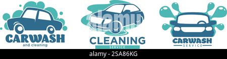 Creative vector logos for car wash services, incorporating fresh blue hues and dynamic design elements to represent cleanliness and care, suitable for business branding.. Car Wash Service Logo Set Stock Vector
