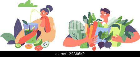 Vector illustration of people with healthy vegetables, isolated on white.. People Enjoying Healthy Vegetable Diet Stock Vector