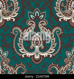 Symmetrical ornament stylized with leaves, branches and blooms. Floristic motif for making carpets and other home decor items. Seamless pattern, wallpaper print or background. Vector in flat style. Floristic motif with blooming flowers and leafage Stock Vector