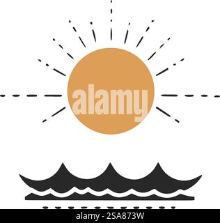 Artistic vector depiction of a sun setting over sea waves, ideal for thematic decor and environmental graphics, isolated on white.. Sun Over Sea Waves Illustration Stock Vector