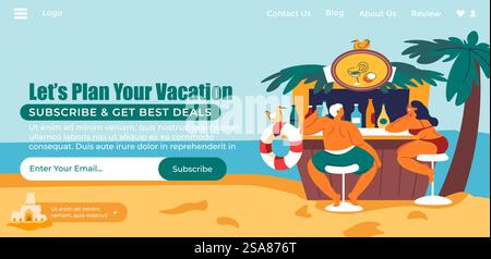 Colorful vector illustration of a bar scene on the beach, for vacation planning websites or apps, isolated on white.. Vacation Planning Interface Illustration Stock Vector