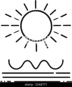 Artistic vector depiction of a sun setting over sea waves, ideal for thematic decor and environmental graphics, isolated on white.. Sun Over Sea Waves Illustration Stock Vector