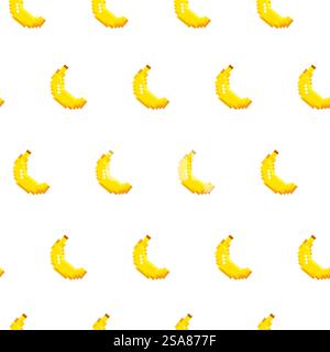 Seamless pattern with pixel art bananas, designed in a retro style. Vector illustration isolated on a white background, perfect for textiles and digital designs.. Pixel Art Banana Seamless Pattern Stock Vector