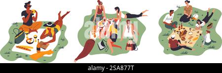 Colorful vector illustration showing groups of people enjoying a picnic, depicted in a modern, flat style, suitable for lifestyle themes.. a Casual Outdoor Picnic Illustration Stock Vector