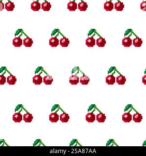Seamless pattern with pixel art cherries, designed in a retro style. Vector illustration isolated on a white background, perfect for textiles and digital designs.. Pixel Art Cherry Seamless Pattern Stock Vector