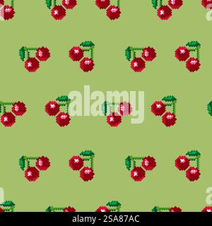Seamless pattern with pixel art cherries, designed in a retro style. Vector illustration isolated on a white background, perfect for textiles and digital designs.. Pixel Art Cherry Seamless Pattern Stock Vector