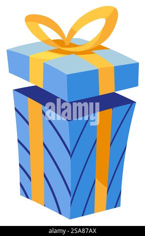 Blue gift box with a yellow ribbon, beautifully wrapped. Vector illustration isolated on a white background. Perfect for birthday and holiday graphics.. Blue Gift Box with Ribbon Stock Vector
