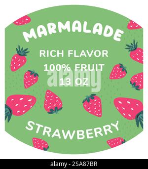 Vector label featuring strawberry marmalade, isolated on green with fruit images.. Strawberry Marmalade Label Vector illustration Stock Vector