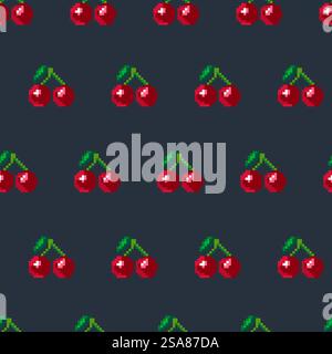 Seamless pattern with pixel art cherries, designed in a retro style. Vector illustration on a dark background, perfect for textiles and digital designs.. Pixel Art Cherry Seamless Pattern Stock Vector