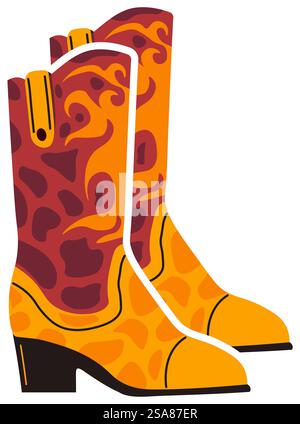 Vector illustration of cowboy boots with a fiery flame pattern, vibrant and bold.. Flame Pattern Cowboy Boots vector Stock Vector