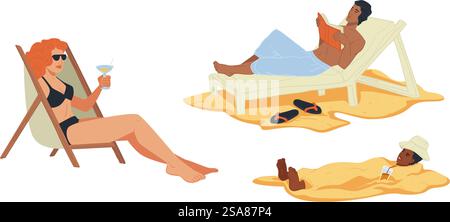 Vector illustration of people relaxing on beach, modern flat style.. Beach Relaxation Summer Vector Illustration Stock Vector