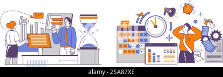 Vector illustration depicting office productivity and management tools with professionals, isolated on a white background. Great for business and project management visuals.. Office Productivity and Management Tools Stock Vector