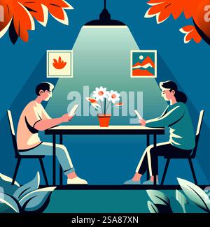 Vector illustration of two people in a cafe engaged with their smartphones, in a modern setting with plants and a relaxed atmosphere. Casual Cafe Meetup Vector Design Stock Vector