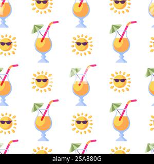 Seamless pattern with summer cocktails and sun icons, designed in a flat style. Vector illustration on a turquoise background, perfect for summer-themed designs.. Summer Cocktails And Sun Seamless Pattern Stock Vector