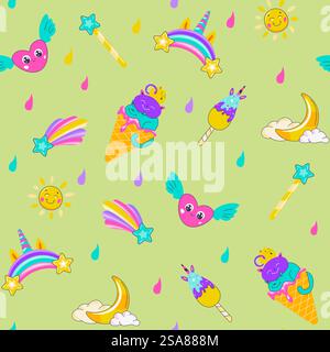 Seamless pattern of cute unicorns, ice creams, rainbows, and hearts, vector illustration. Ideal for children&rsquo;s products, wallpapers, and textiles.. Cute Unicorns and Ice Cream Pattern Stock Vector