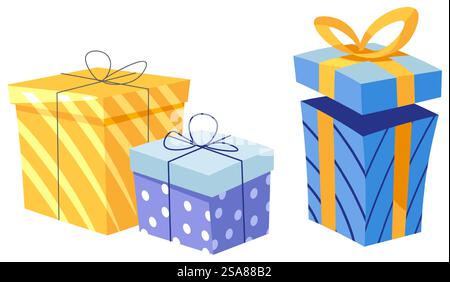 Blue gift box with a yellow ribbon, beautifully wrapped. Vector illustration isolated on a white background. Perfect for birthday and holiday graphics.. Blue Gift Box with Ribbon Stock Vector