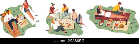 Colorful vector illustration showing groups of people enjoying a picnic, depicted in a modern, flat style, suitable for lifestyle themes.. a Casual Outdoor Picnic Illustration Stock Vector