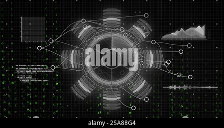 Digital data processing and analysis image over futuristic interface with graphs and codes Stock Photo