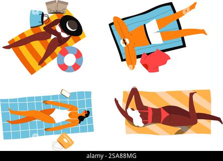Four people sunbathing on the beach with various items like towels, bags, and a lifebuoy. Vector illustration isolated on white background.. Group Beach Sunbathing Vector Art Stock Vector