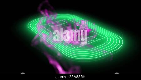 Image of glowing light trails moving over sports stadium on black background Stock Photo