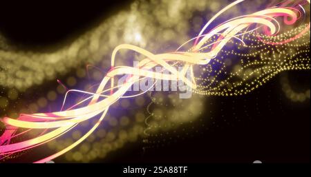 Image of glowing light trails moving over yellow mesh on black background Stock Photo