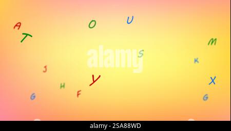 Image of colourful letters moving over soft orange and yellow background Stock Photo