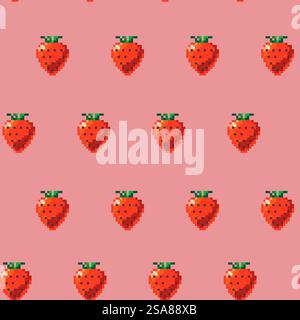 Seamless pattern with pixel art strawberries, designed in a retro style. Vector illustration on a pink background, ideal for textiles and digital designs.. Pixel Art Strawberry Seamless Pattern Stock Vector