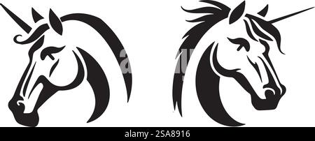 A pair of elegant unicorn head silhouettes in vector format, perfect for fantasy-themed designs and decorative arts.. Elegant Unicorn Head Silhouettes vector Stock Vector