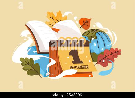 Flat style vector on a pale orange background featuring symbols of September 1st an open book, fallen maple and oak leaves, a globe, and a tear off calendar. Celebrating the start of autumn.. September 1st Autumn Symbols Illustrated Stock Vector