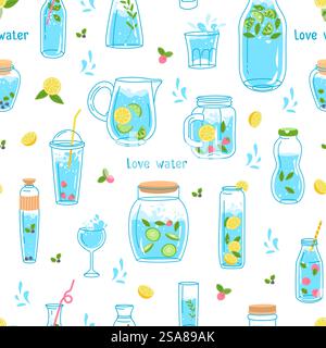 Seamless pattern of various refreshing water drinks with fruits and herbs in a colorful style. Vector illustration perfect for summer and beverage-themed designs.. Refreshing Water Drinks Pattern Stock Vector